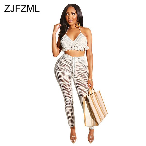 

knitted crochet 2 piece outfits for women summer clothes halter tassels spliced bra +skinny pant beach bohemian matching set, White