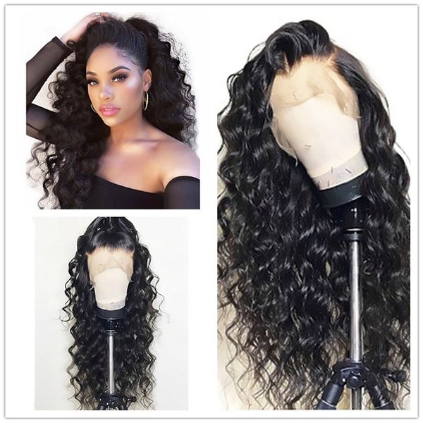 

Cheap Sexy 180% Density 1b# Black Long Kinky Curly Glueless High Temperature Fiber Hair Synthetic Lace Front Wigs Natural Hairline For Women