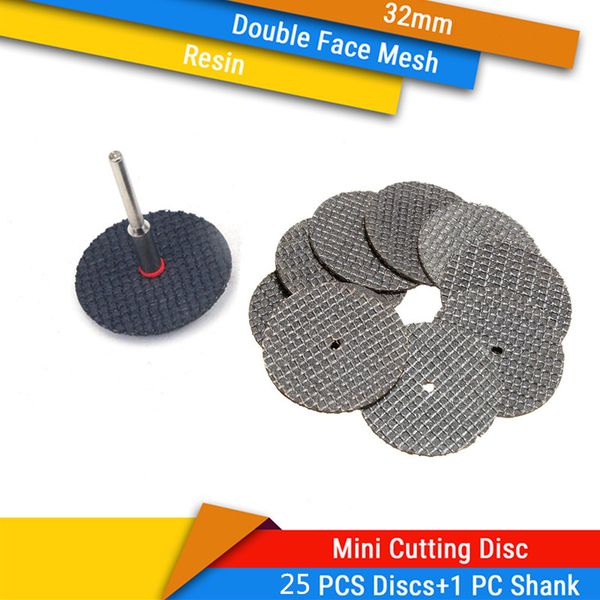 

25pcs double-face mesh cutting disc + 1pc 3mm shank resin mini circular saw blade for soft metal wood cutting fits dremel tools