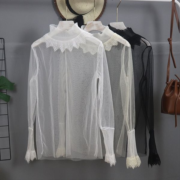 

yi lian] sweet lace mesh base shirt 2019 women's hollow perspective inner net lace screen 1212, White