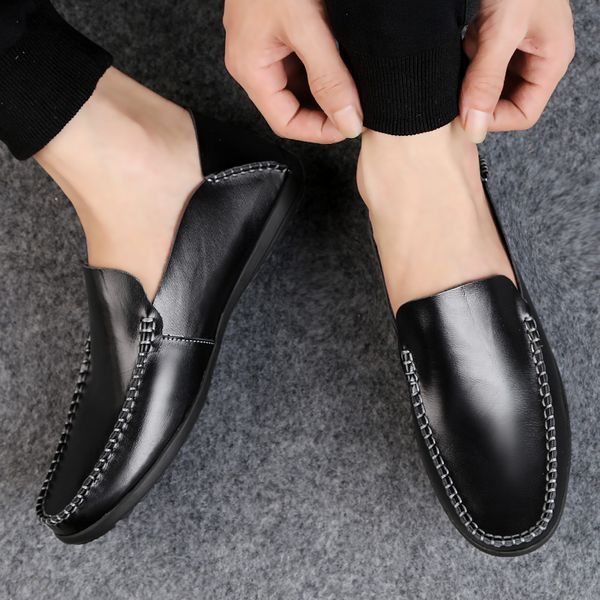 

dxkzmcm 2019 soft genuine leather men loafers handmade casual shoes men moccasins for leather flat shoes, Black