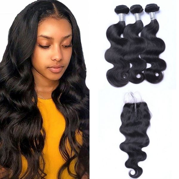 

indian human hair bundles with closure natural color body wave virgin hair extensions 3 bundles with lace closure, Black;brown