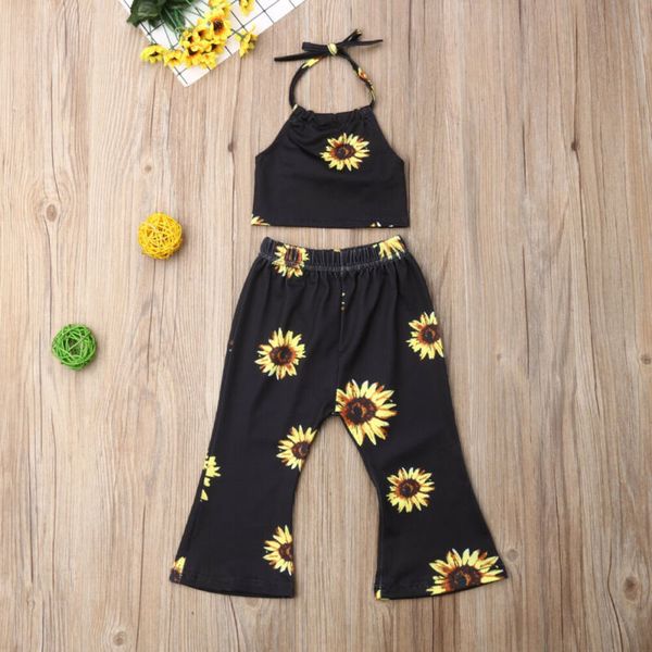 

toddler baby girl clothes sunflower halter sleeveless vest flare pants 2pcs outfits set girls clothes, White