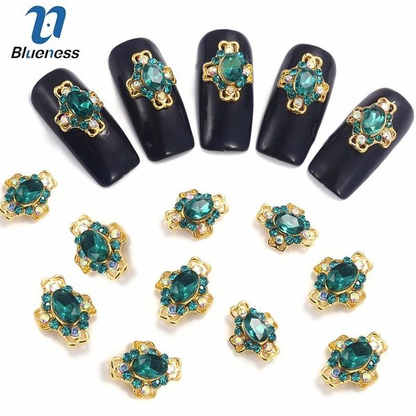 

blueness 10pcs 3d nail studs green rhinestones design shiny nail art decorations crystal alloy manicure charms, Silver;gold
