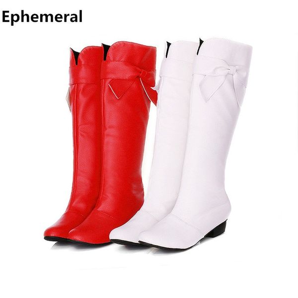

ladies motorcycle boots knee-high long botas with bow low heel round toe shoes cosplay warm winter footwear red white black 48 3