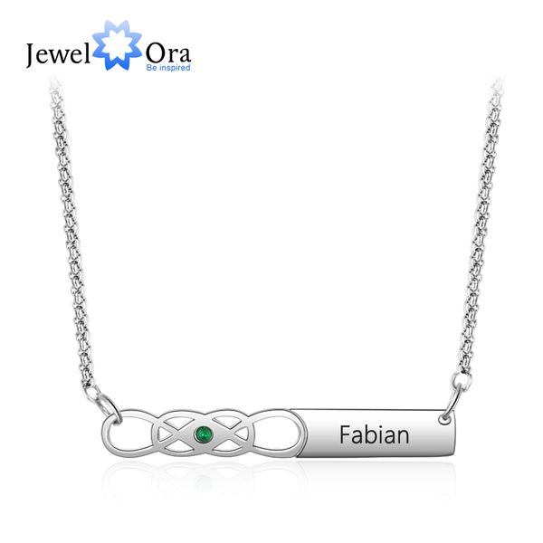 

personalized custom name bar necklace with birthstone infinity stainless steel engraved pendant for women (jewelora ne103250, Silver