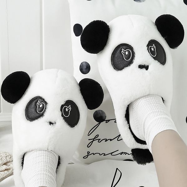 

women fur slippers home large size 53-55 suede cute flat slippers woman pvc panda pattern winter women, Black