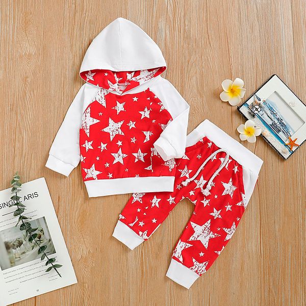 

новорожденный мальчик одежда рождество детская одежда set baby girl winter star print пуловер hoodie tops + брюки костюмы, White