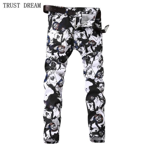 

europeans style men floral print slim white jeans colorful blue black graffiti personal pant man street club jeans real ps