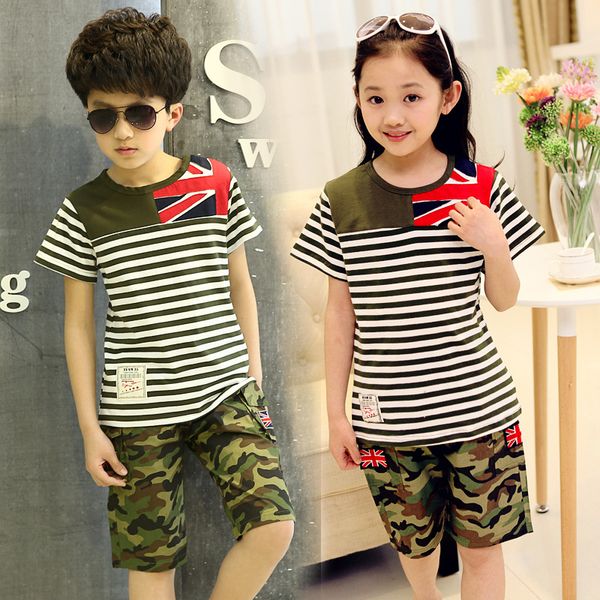 

2019 summer style children clothing sets baby boys girls clothing sets cotton striped short sleeve kids camouflage, White