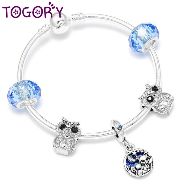 

togory cute owl silver charm bracelets & bangles rhinestone beads bracelets for women kids fashion jewelry gift, Golden;silver