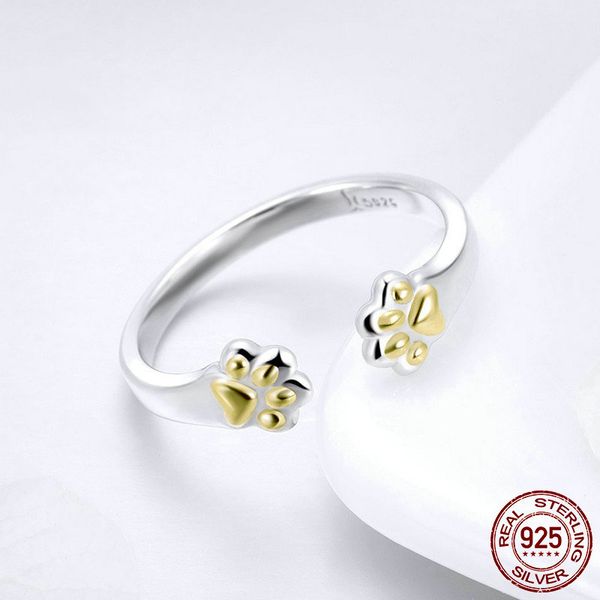 

fashionable sterling silver gold cat paw footprint ring open adjustable ring cuff fashion jewelry for women kids gift