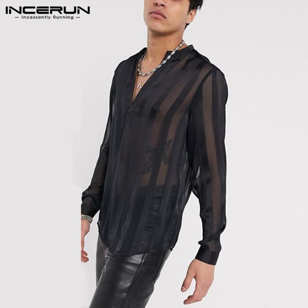 

fashion men mesh shirt striped 2020 deep v neck long sleeve party nightclub shirts transparent streetwear camisas incerun, White;black