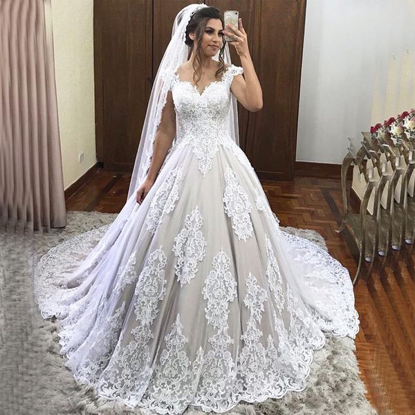 

custom off shoulder lace wedding dresses 2019 with appliques cap sleeves tulle chapel train lace up back wedding bridal gowns, White