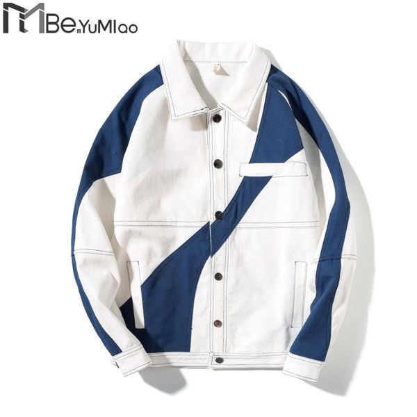 

be.yumiao casual long jacket high street japanese karajuku man blue striped jeans jacket moletom coat, Tan;black