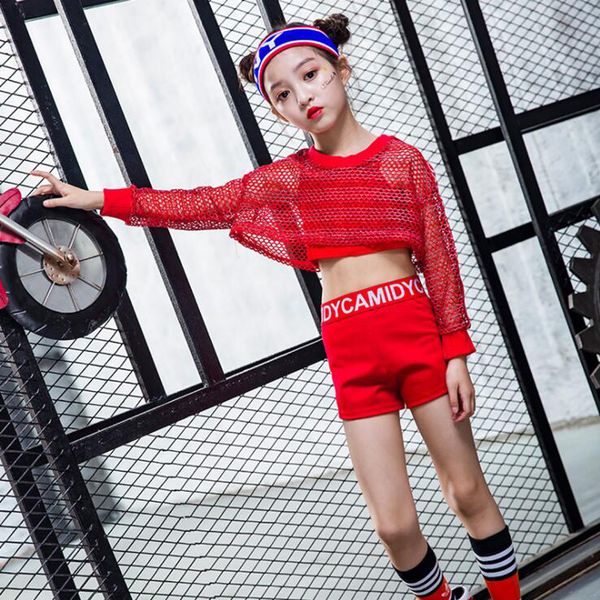 

3 pcs girls red cool ballroom jazz hip hop dance competition costume tank shorts net blouse for kid dancing clothes wear, Black;red