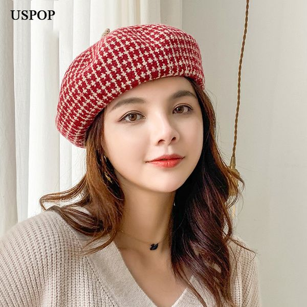 

uspop 2019 new winter wool hats women wool berets thickened jacquard plaid beret hat painter hats, Blue;gray