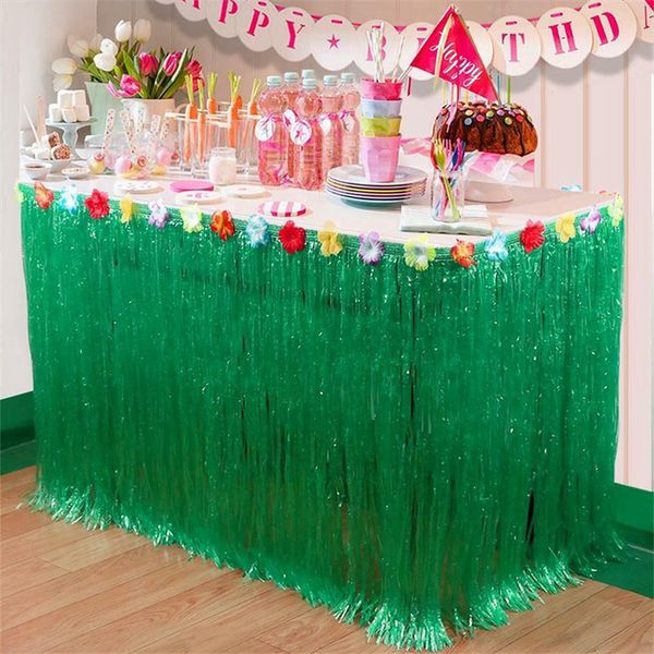 

2019 hawaiian party decorations luau tropical artificial flowers grass table skirt birthday party table decoration supplies