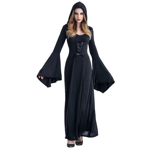 

3 colors medieval gothic witch hooded dress women halloween costumes vampire witch party masquerade long dress, Black;red