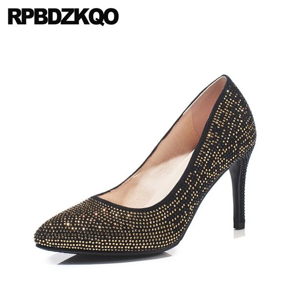

gold high heels diamond thin rhinestone jewel 2019 pointed toe genuine leather suede crystal green dress shoes women pumps sexy, Black