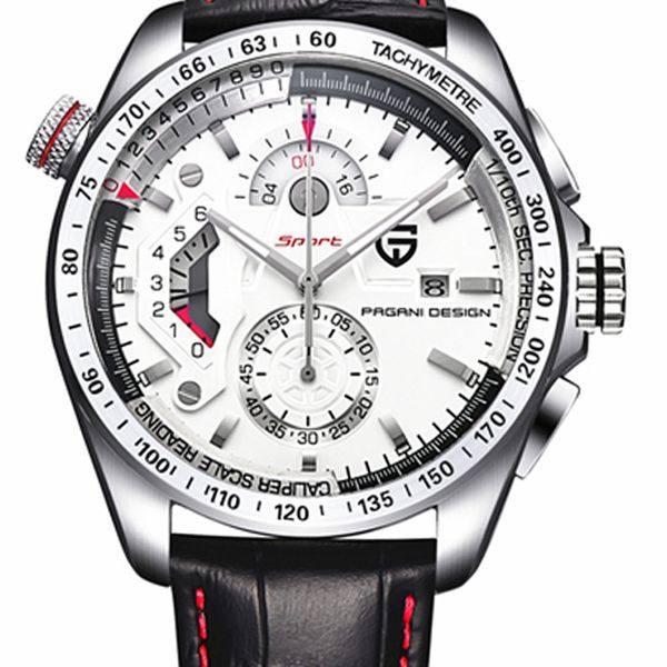 

46 мм pagani серебро / черный циферблат кварцевые часы кожаный ремешок мужской досуг спортивные часы, Slivery;brown