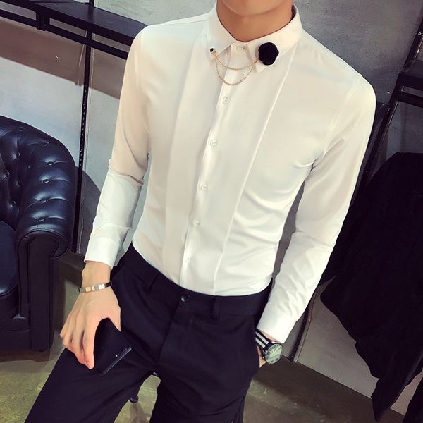 

tide tuxedo shirt men slim fit long sleeve solid social party dress shirts night club casual blouses homme, White;black