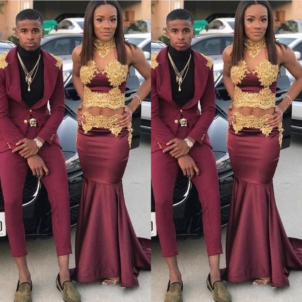 

new black girl mermaid prom dresses high neck two pieces gold lace appliques crystal beaded burgundy grape sweep train evening party gowns