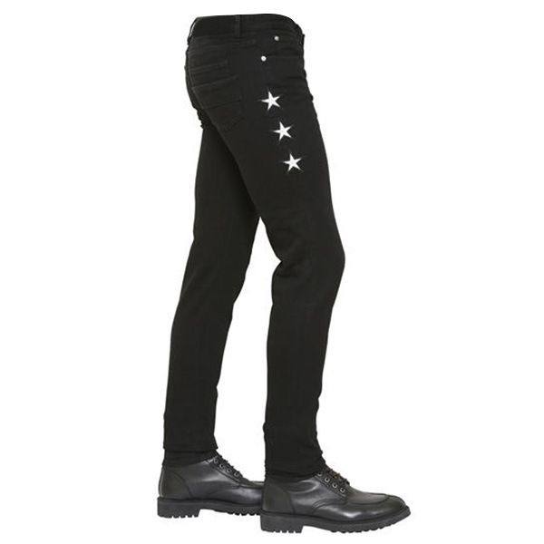 

fashion five pointed stars embroidery mens jeans skinny black pencil pants slim fit denim pants for male, Blue