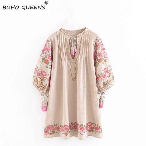 

boho chic women floral print half sleeve beach bohemian happie mini dress ladies v neck linen cotton tassel dress, Black;gray