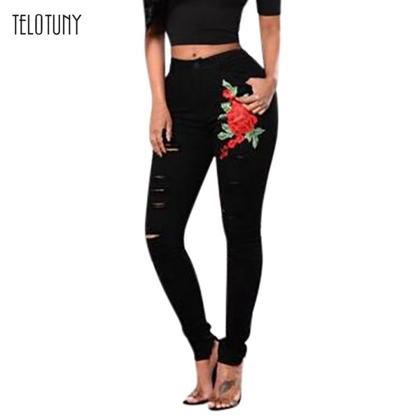 

telotuny stretch embroidered jeans for women elastic flower female slim denim pants hole ripped rose printed pocket jeans l0802, White