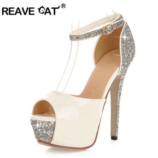 

reave cat women bridal wedding high heel pumps peep toe stiletto thin heels 13cm platform buckle size 34-43 silver zapatos de mu, Black
