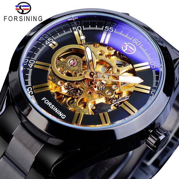 

forsining steampunk mechanical watch mens automatic skeleton black stainless steel belts business male wristwatches reloj hombre, Slivery;brown