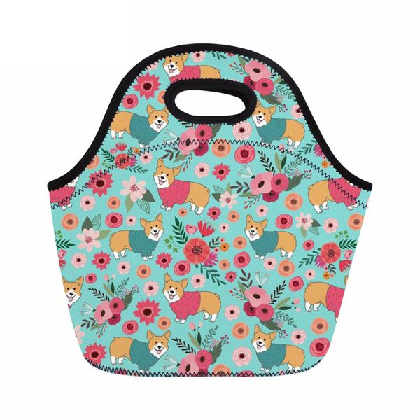 

forudesigns lunch bag lovely puppy print neoprene lunch box for women hand tote girls pinic snacks container, Blue;pink