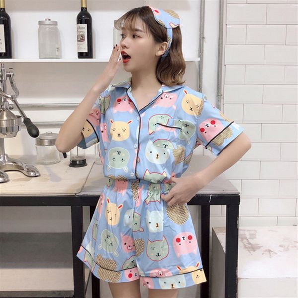 

plus size summer 2019 fashion women pajamas turn-down collar sleepwear 2 two piece set shirt+shorts striped casual pajama sets, Black;red