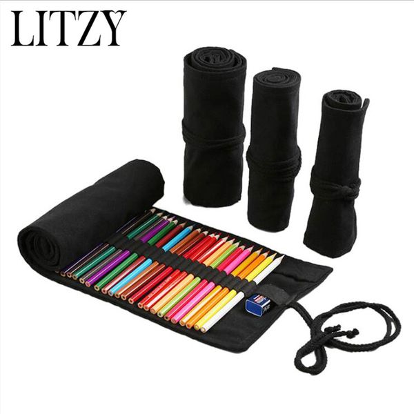 

canvas school pencil case roll pencilcase large cute black pencil case for girls boys pen bag stationery pouch 12/24/36 holes