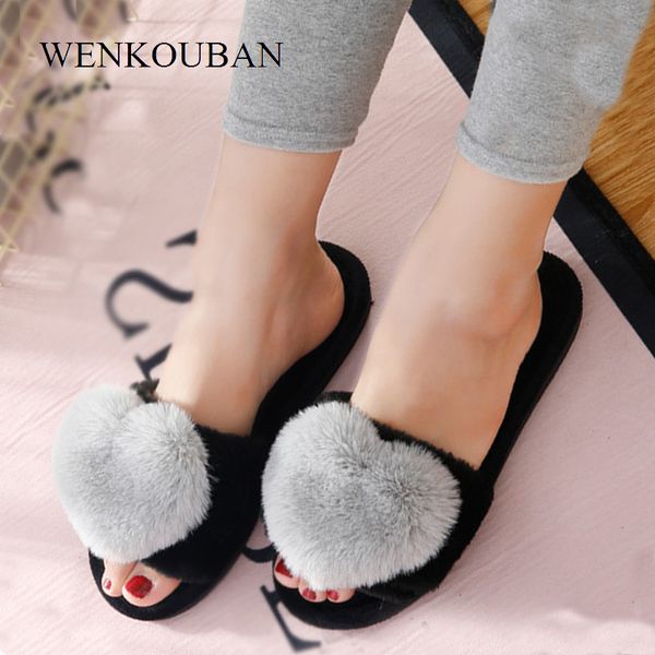

indoor slippers women warm fur slides plush love heart winter slippers ladies soft furry slides flip flops claquette fourrure, Black