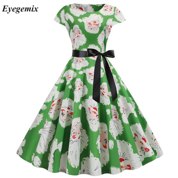 

women green winter christmas dress plus size casual print short sleeve a-line elegant vintage party dresses vestidos robe femme, Black;gray