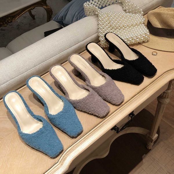 

lambswool closed toe winter slippers high heels flipflops lady shoes brand furry slides fashion woman curly fur plush mules warm, Black