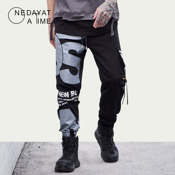 

big letters print pockets patchwork hip hop cargo pants harajuku sweatpants streetwear fashion joggers men rock hipster trousers, Black