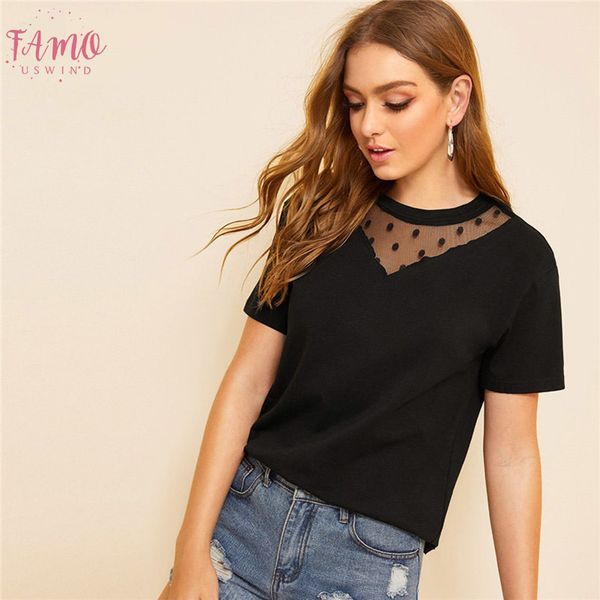 

lace black dot mesh neck short sleeve women shirts summer streetwear casual round neck short sleeve solid t shirt mesh top, White