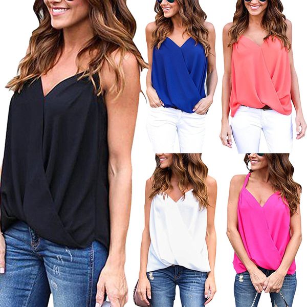 

sleeveless solid color summer womens designer tshirts light loose spaghetti strap big v neck womens tees, White