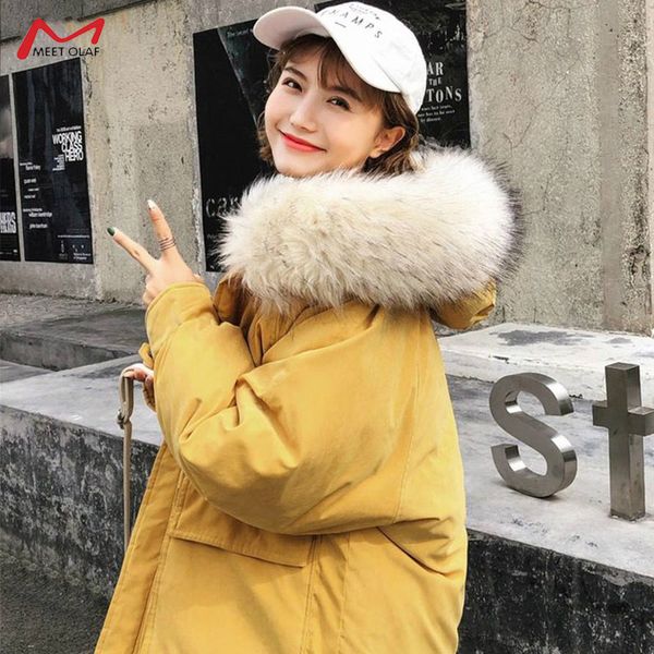 

new winter women medium length jackets female hooded long cotton parka thick warm fur collar jacket oversized cotton coat ca6635, Black