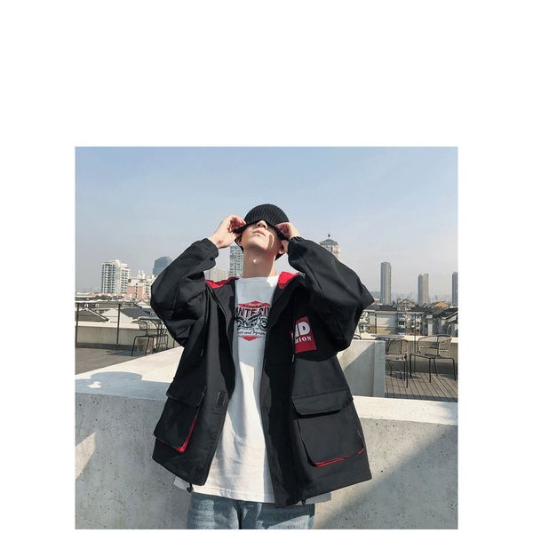 

mens luxury jackets mens hooded loose large pocket overalls youth trend casual jacket boys solid color coats 2020 new spring, Black;brown