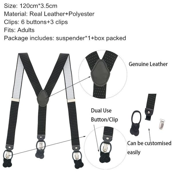 

dual 6 button 3 clip diy suspenders for men leather trimmed button end elastic tuxedo y back mens fashion suspenders pant braces, Black;white