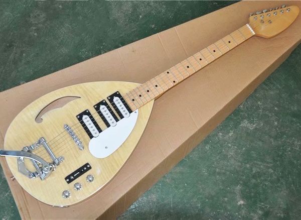 

natural wood color semi hollow electric guitar with tremolo bar,rosewood fretboard,flame maple veneer,can be customized