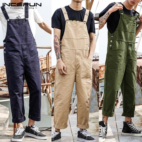 

incerun fashion men bib pants solid color jumpsuits joggers streetwear casual multi pockets suspenders cargo overalls men romper, Black