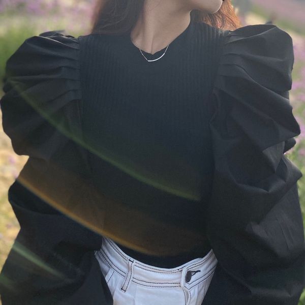 

women's sweaters galcaur2021 solid color round neck elastic force slim fit bubble long sleeve joker knitting shirt top, White;black