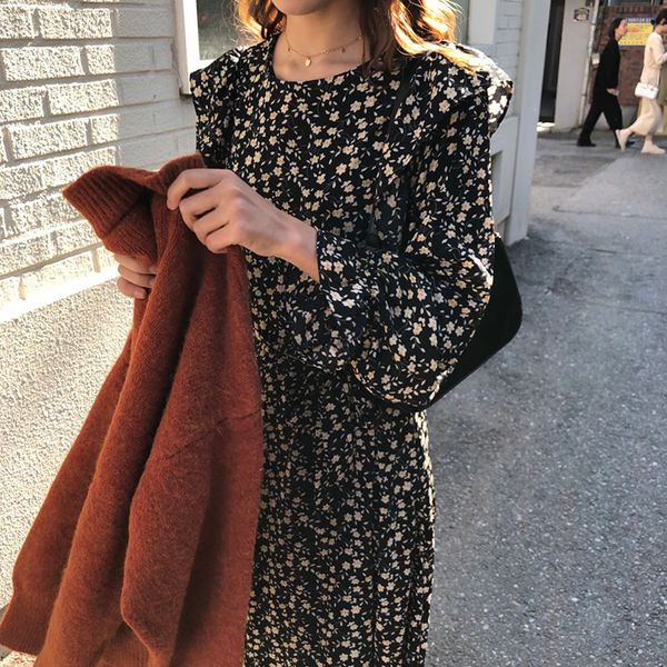 

2019 zanzea vadim ukraine korean style retro floral round neck long sleeve with dress inside women's slim knee bottom a-line, Black;pink