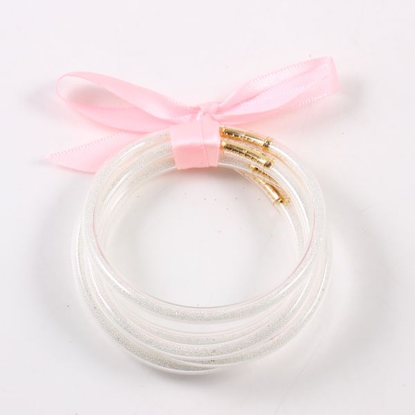 

5 pcs/set bowknot glitter glass beads bangles set 2019 all weather stack silicone plastic glitter jelly bangles drop shipping, Black