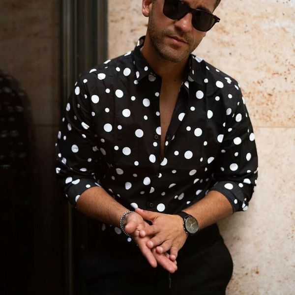 

men's polka dot shirt loose slim fit long sleeve casual formal shirts fashion casual shirts, White;black